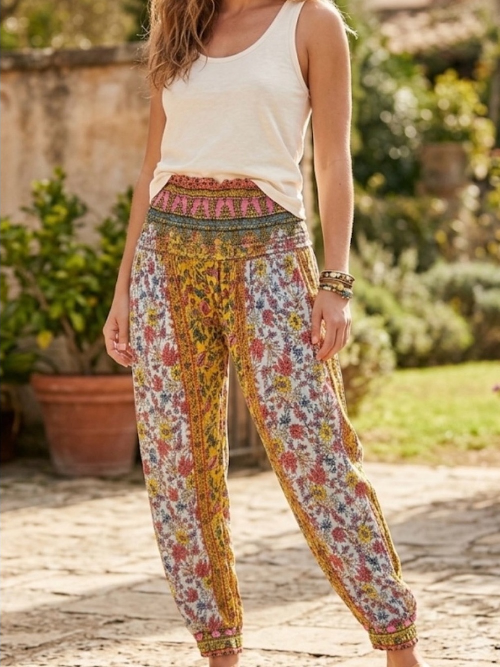 Boho Floral Elastic-Waist Harem Pants in Multi